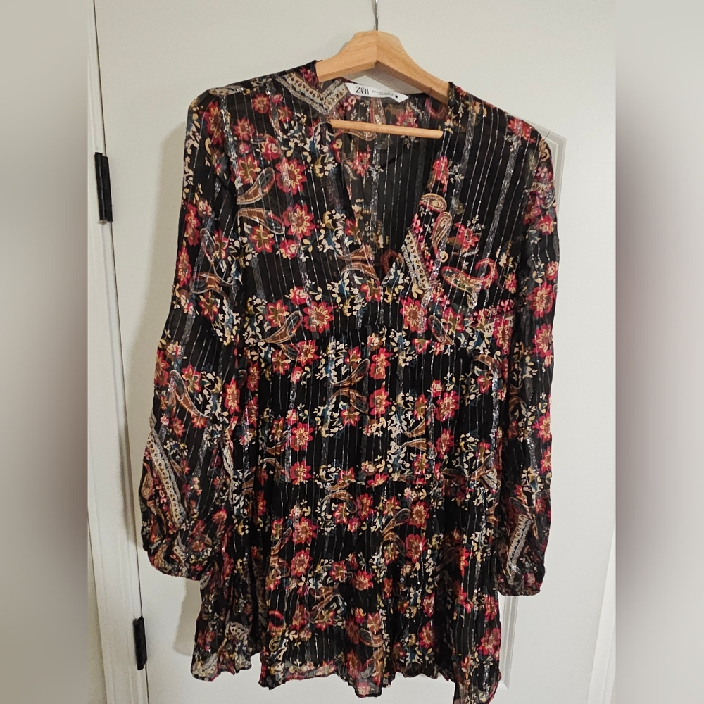 ZARA Floral Paisley Print Tunic Top with Metallic Stripes